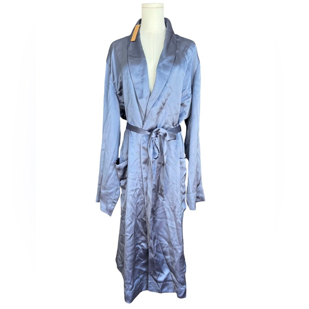 SKIMS Satin Long Belted Robe in Steel Blue